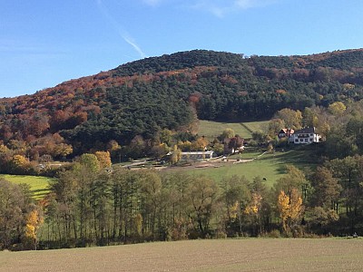 Der Wiedenhof aus der Sicht des gegenüberliegenden Hügels